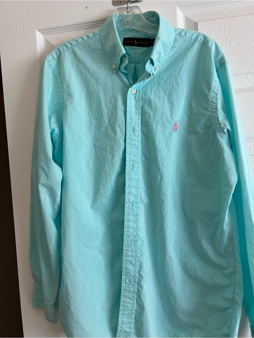 Ralph Lauren Men's Med Green Cotton Collared Long Sleeve Button Front Yoke back